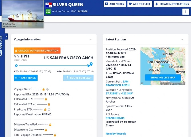 Thông tin về hành trình của tàu Silver Queen chở theo 999 xe VinFast VF 8 từ Hải Phòng tới California